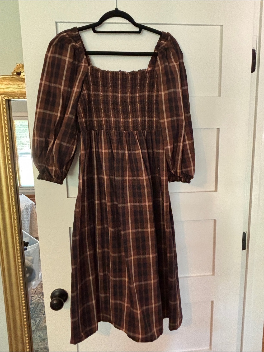 J. Crew Brown Plaid Smocked Midi Dress with Puff Sleeves